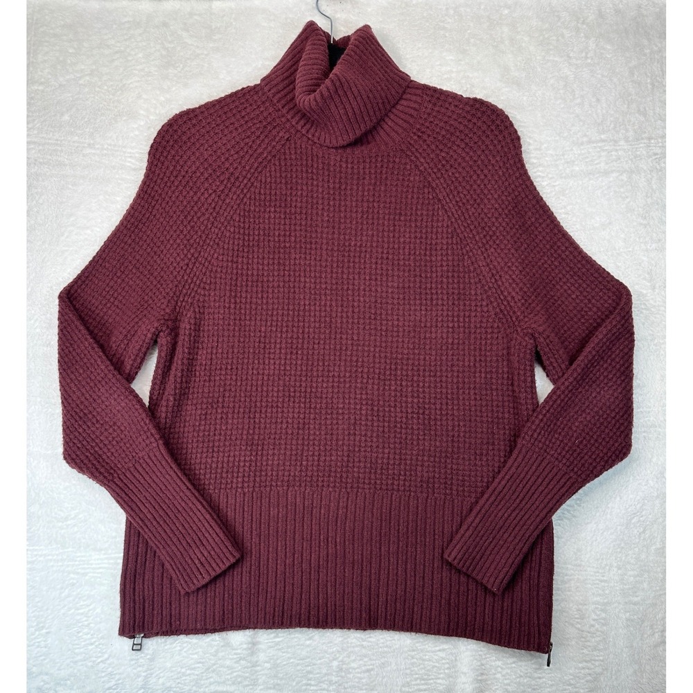 L.L.Bean Turtleneck Sweater Womens Medium Petite Burgundy Waffle Knit Zippers